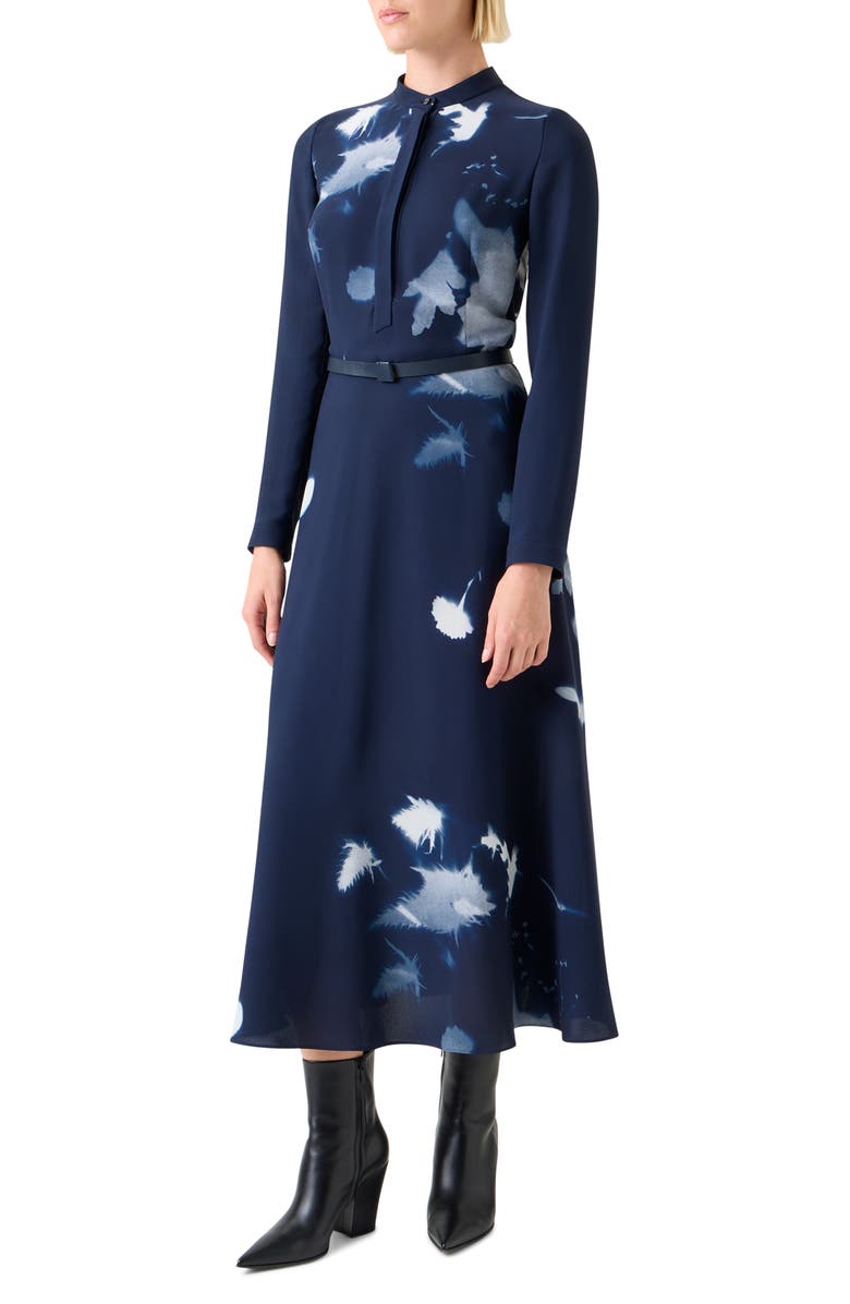 Akris Cyanotype Print Long Sleeve Silk & Wool Shirtdress, Alternate, color, Navy-Ecru