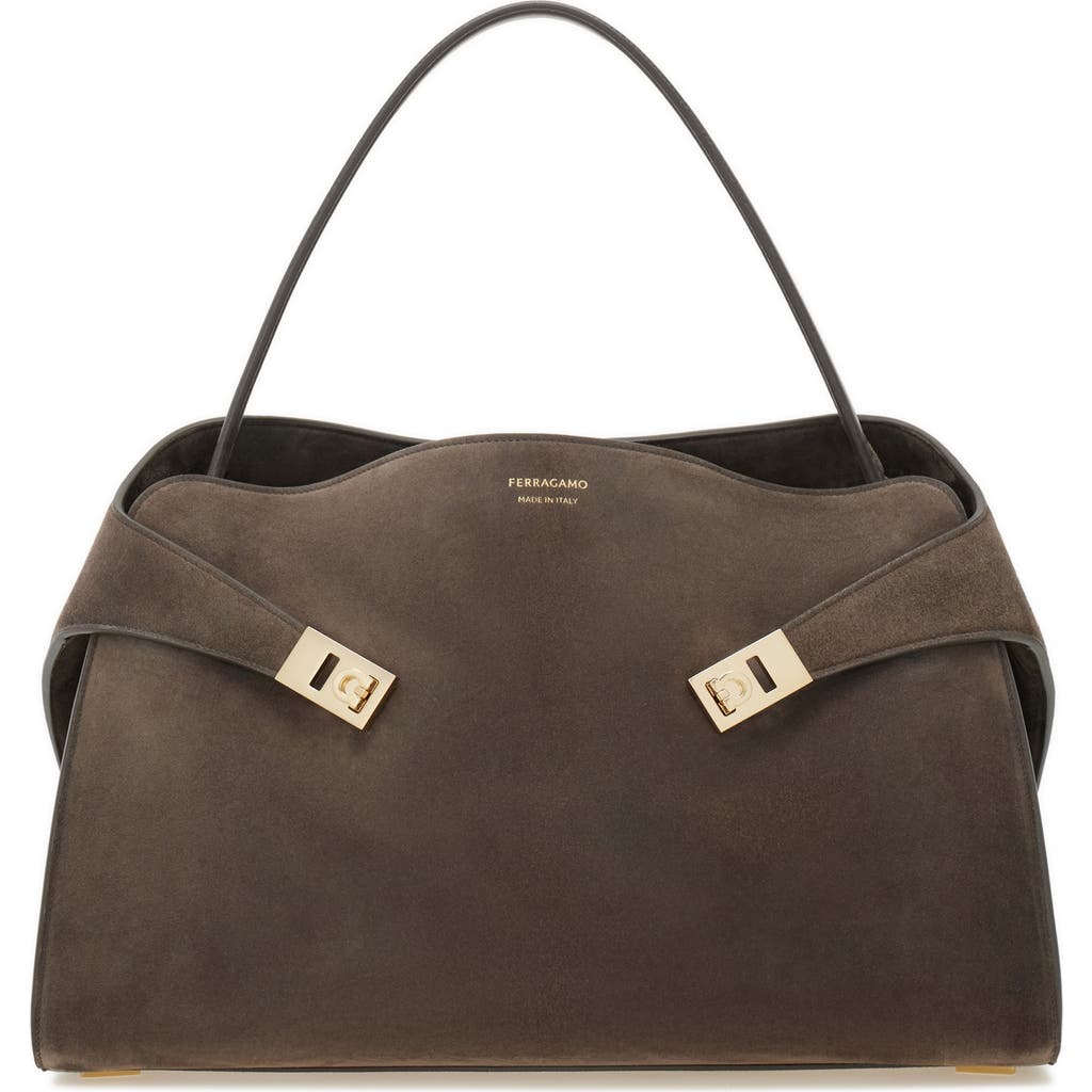 Ferragamo Medium Hug Suede Shoulder Bag In Concrete