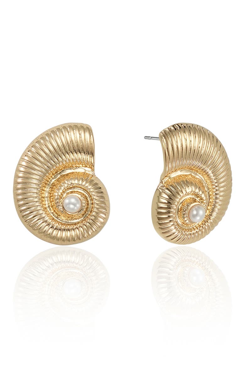 Faux Pearl Conch Shell Drop Earrings, Main, color, GOLD