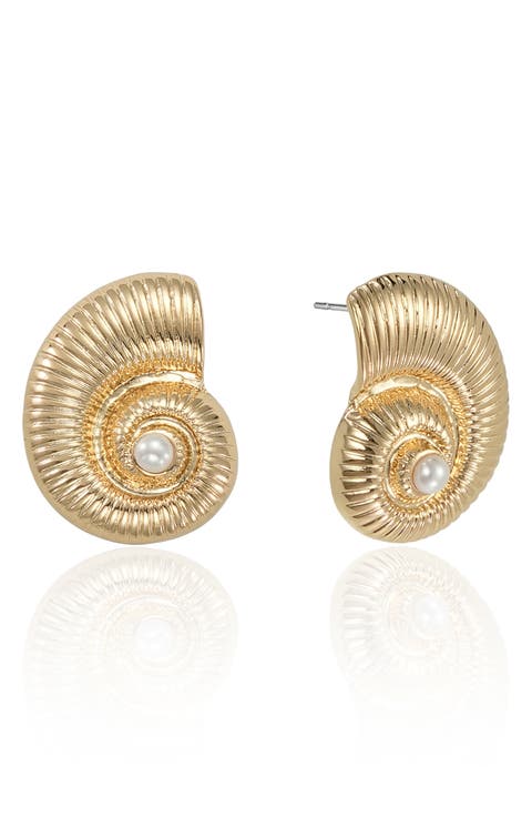 Faux Pearl Conch Shell Drop Earrings