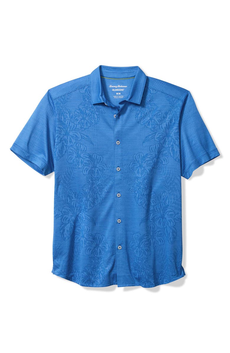 Tommy Bahama Palm Coast Cascade Vines IslandZone<sup>®</sup> Performance Short Sleeve Knit Button-Up Shirt, Main, color, Blue Surf