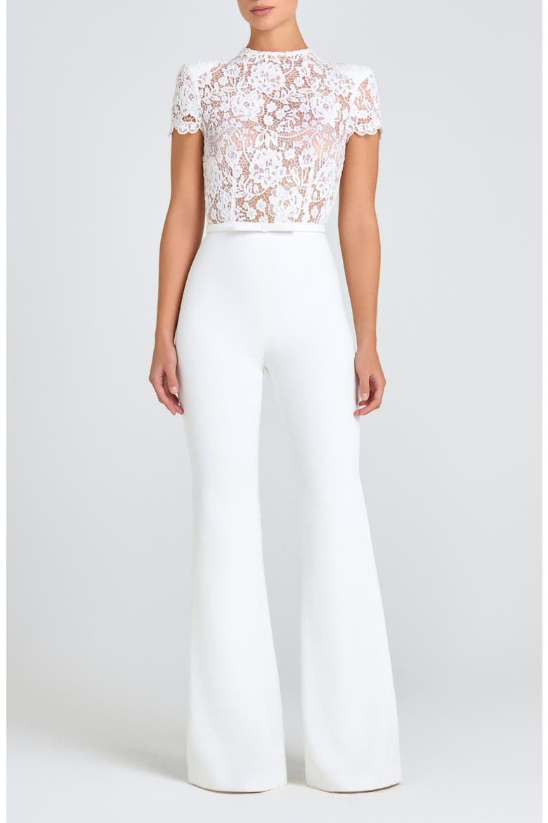 Harriet Flare Leg Lace & Crepe Jumpsuit, Main, color, WHITE