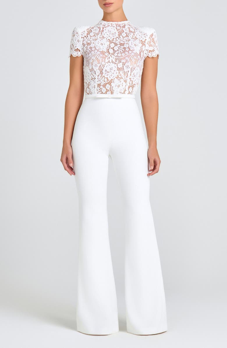 NADINE MERABI Harriet Flare Leg Lace & Crepe Jumpsuit, Main, color, White