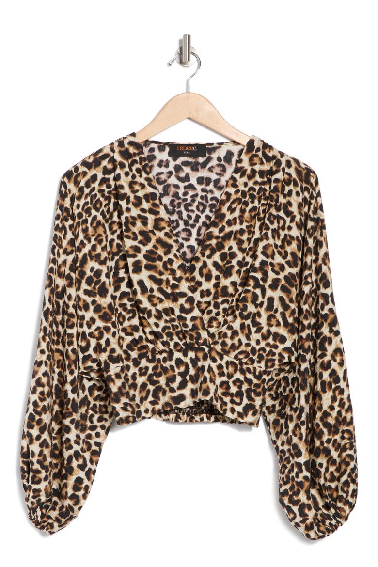 Leopard Smock Surplice Long Sleeve Top, Alternate, color, CHOCOLATE