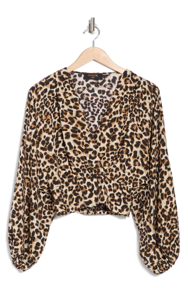 Renee C Leopard Smock Surplice Long Sleeve Top, Alternate, color, Chocolate