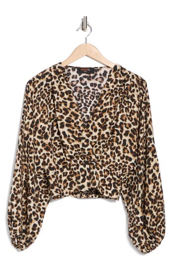 RENEE C RENEE C LEOPARD SMOCK SURPLICE LONG SLEEVE TOP
