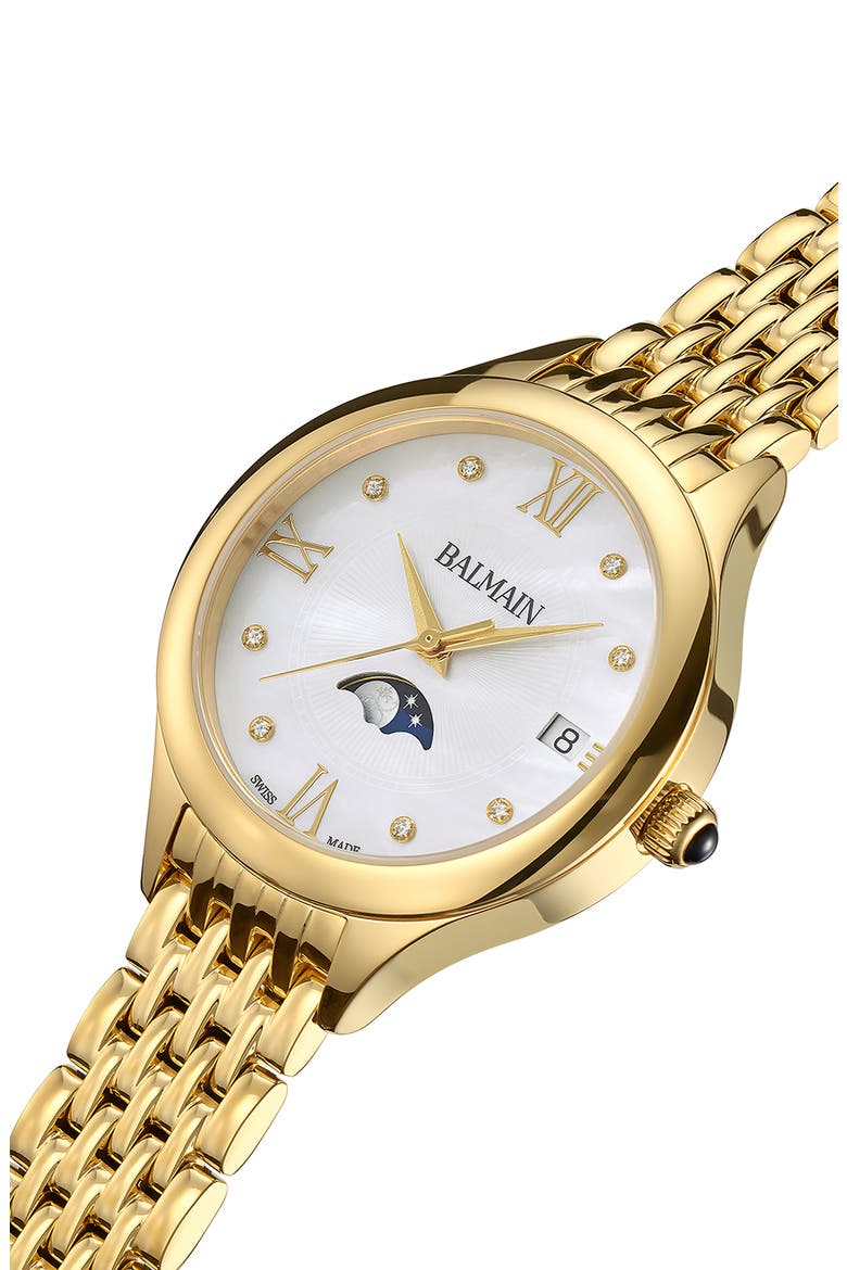 Mother-of-Pearl Diamond Moon Phase Bracelet Watch, 31mm, Alternate, color, YELLOW GOLD PVD COATING