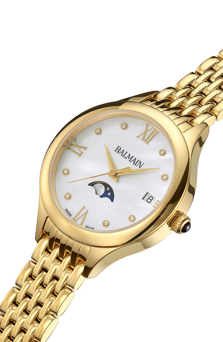 BALMAIN WATCHES Mother-of-Pearl Diamond Moon Phase Bracelet Watch, 31mm, Alternate, color, Yellow Gold Pvd Coating