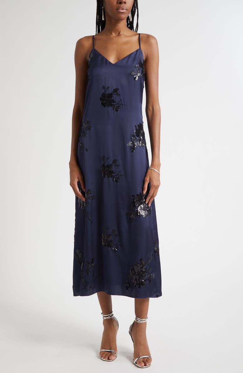 Ramy Brook Shannon Placed Sequin Floral Satin Slipdress, Main, color, Navy