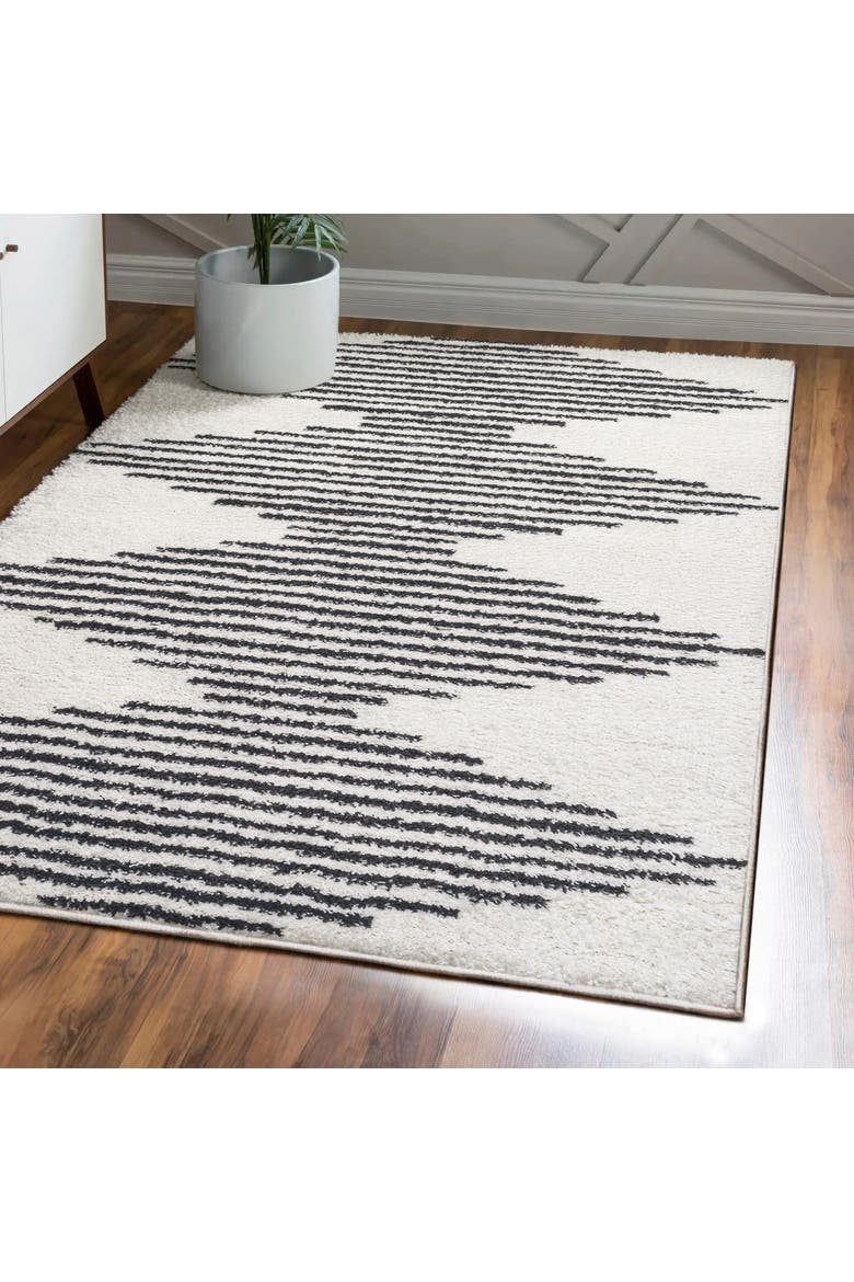 Elm Diamond Stripe Geometric Shag Area Rug, Alternate, color, White/Gray