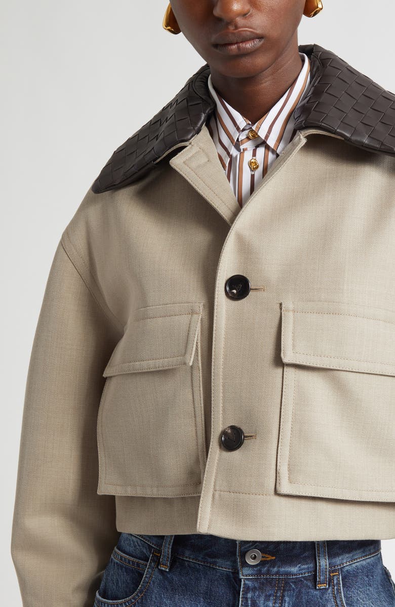 Bottega Veneta Cotton Blend Twill Crop Jacket with Removable Intrecciato Leather Collar, Alternate, color, 