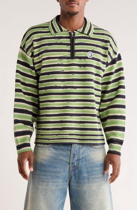 Curve Stripe Cotton Quarter Zip Graphic Sweater