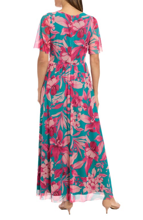 London Times Floral Smocked Flutter Sleeve Mesh Maxi Dress In Blue/pink