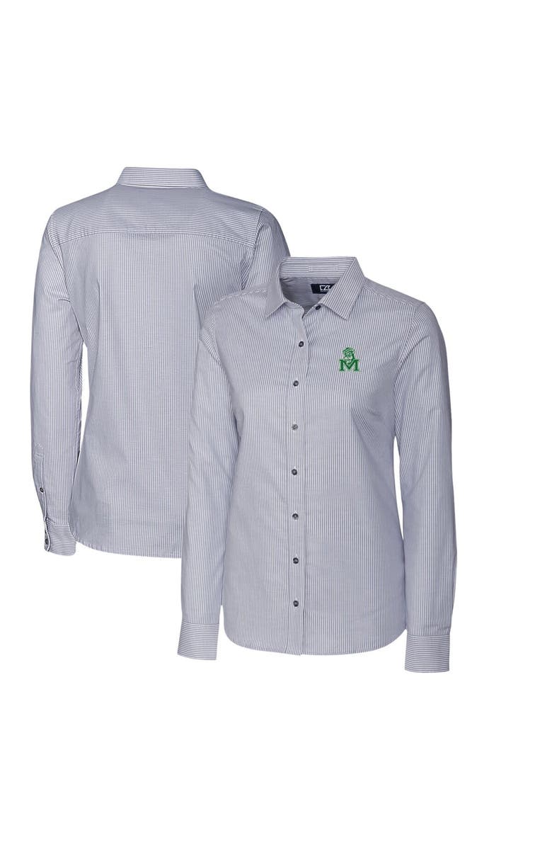 Cutter & Buck Women's Cutter & Buck Charcoal Marshall Thundering Herd Oxford Stripe Stretch Long Sleeve Button-Up Shirt, Main, color,