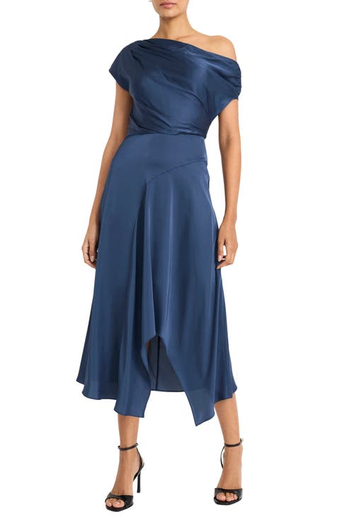 Asymmetric Neck & Hem Satin Cocktail Midi Dress