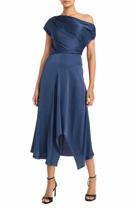 Maggy London Asymmetric Neck & Hem Satin Cocktail Midi Dress