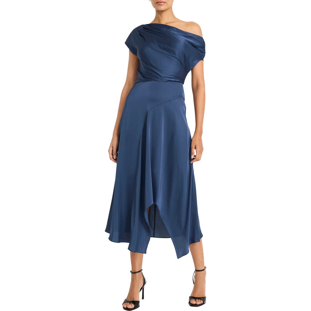 Maggy London Asymmetric Neck & Hem Satin Cocktail Midi Dress In Ensign Blue