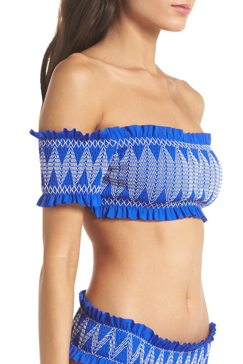 Smocked Bardot Bikini Top, Alternate, color, BRIGHT BLUE