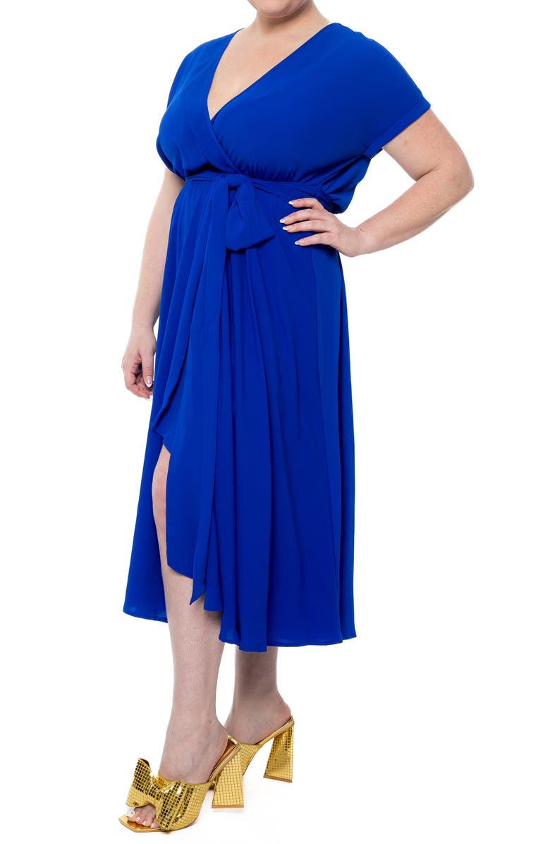 MEGHAN LA Jasmine Short Sleeve Faux Wrap Midi Dress, Alternate, color, Royal