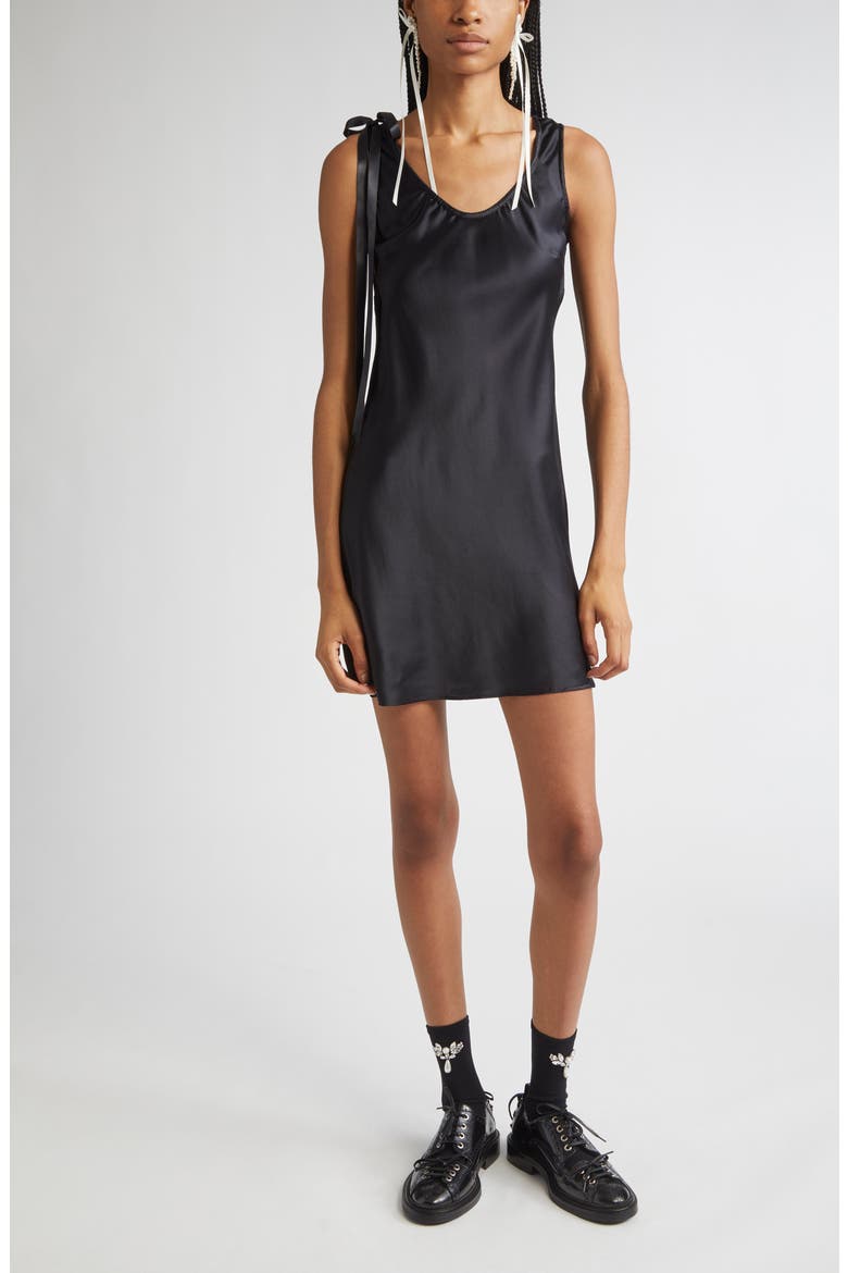 Bow Detail Scoop Neck Silk Satin Minidress, Alternate, color, BLACK
