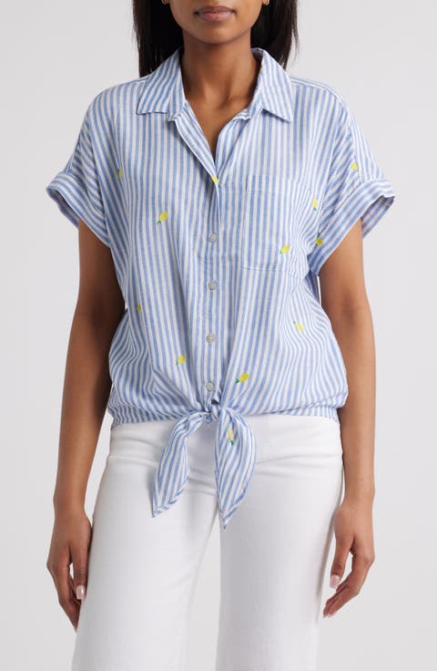 Rosie Embroidered Tie Front Short Sleeve Button-Up Shirt