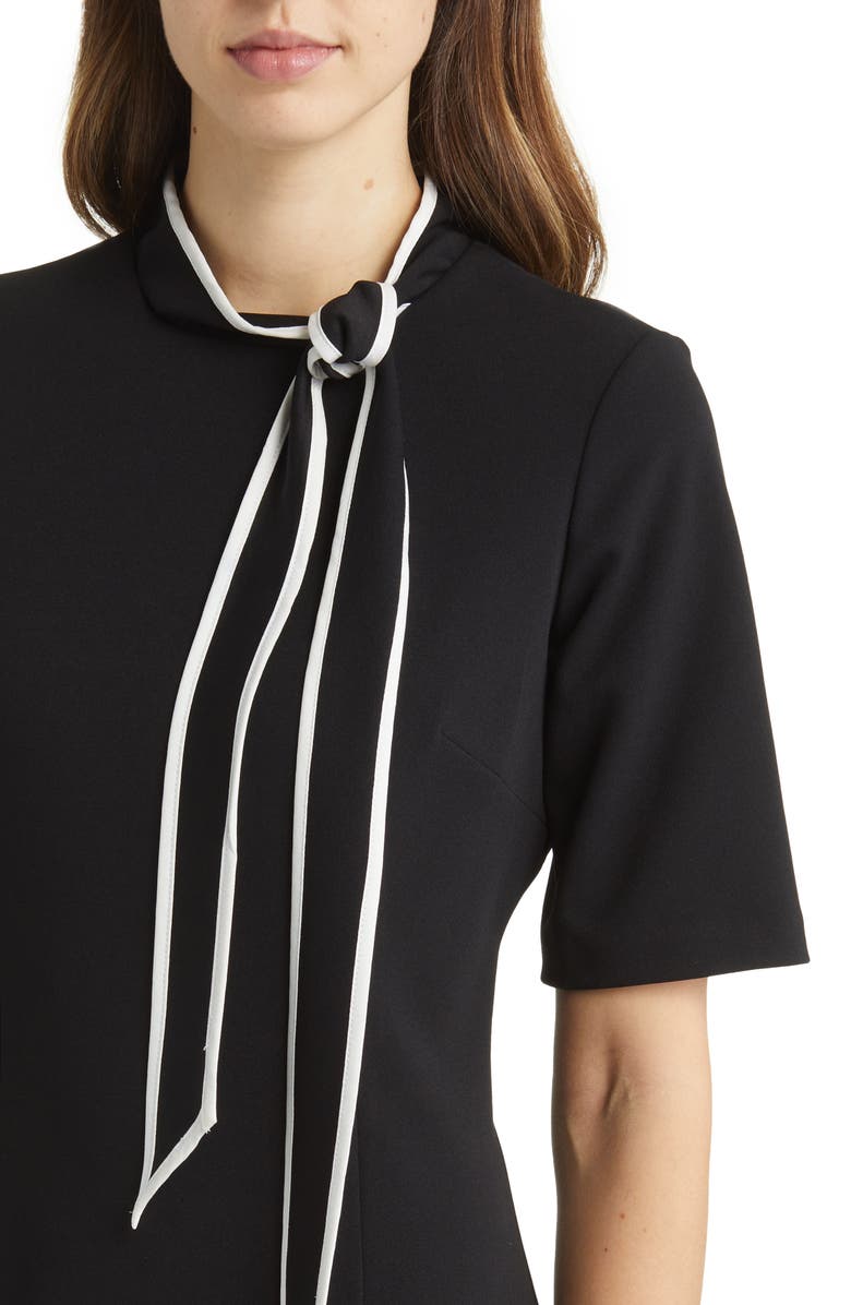 Adrianna Papell Tie Neck Short Sleeve Crepe Sheath Dress, Alternate, color, Black/Ivory