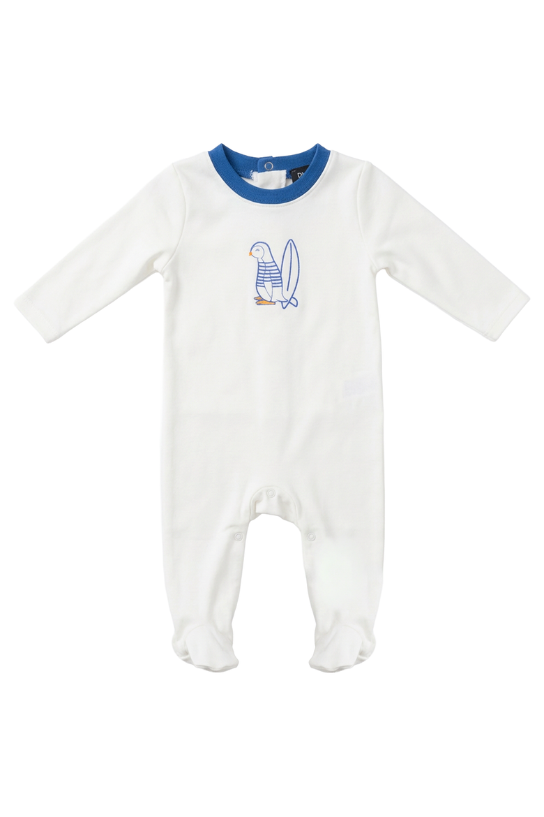 Surfing Sunday Penguin Cotton Spandex Covered Foot Romper, Alternate, color, Off White/Blue