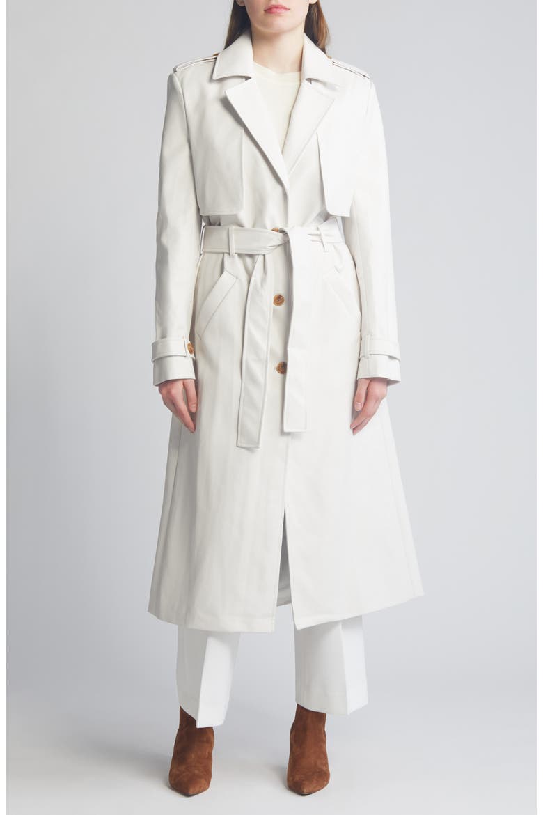 Tie Waist Faux Leather Trench Coat, Main, color, IVORY