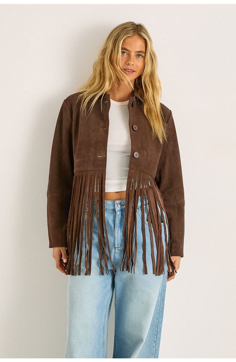 NASTY GAL Real Suede Fringe Jacket, Main, color, Chocolate