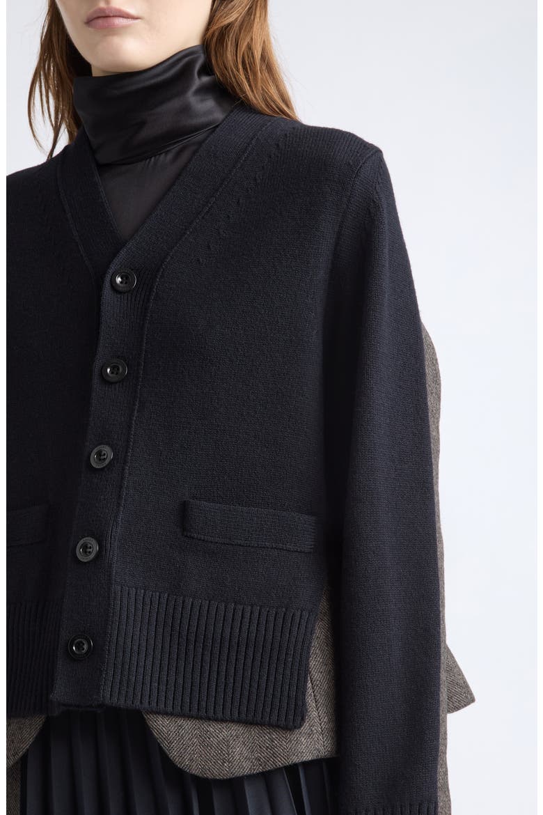 Herringbone Paneled Wool Cardigan, Alternate, color, NAVY/ BROWN