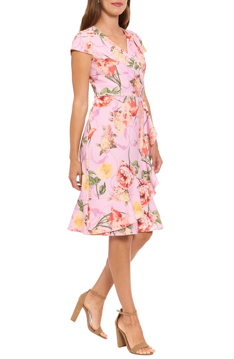 London Times Floral Cap Sleeve Ruffle Hem Fit & Flare Dress, Alternate, color, Sea Pink/ Coral
