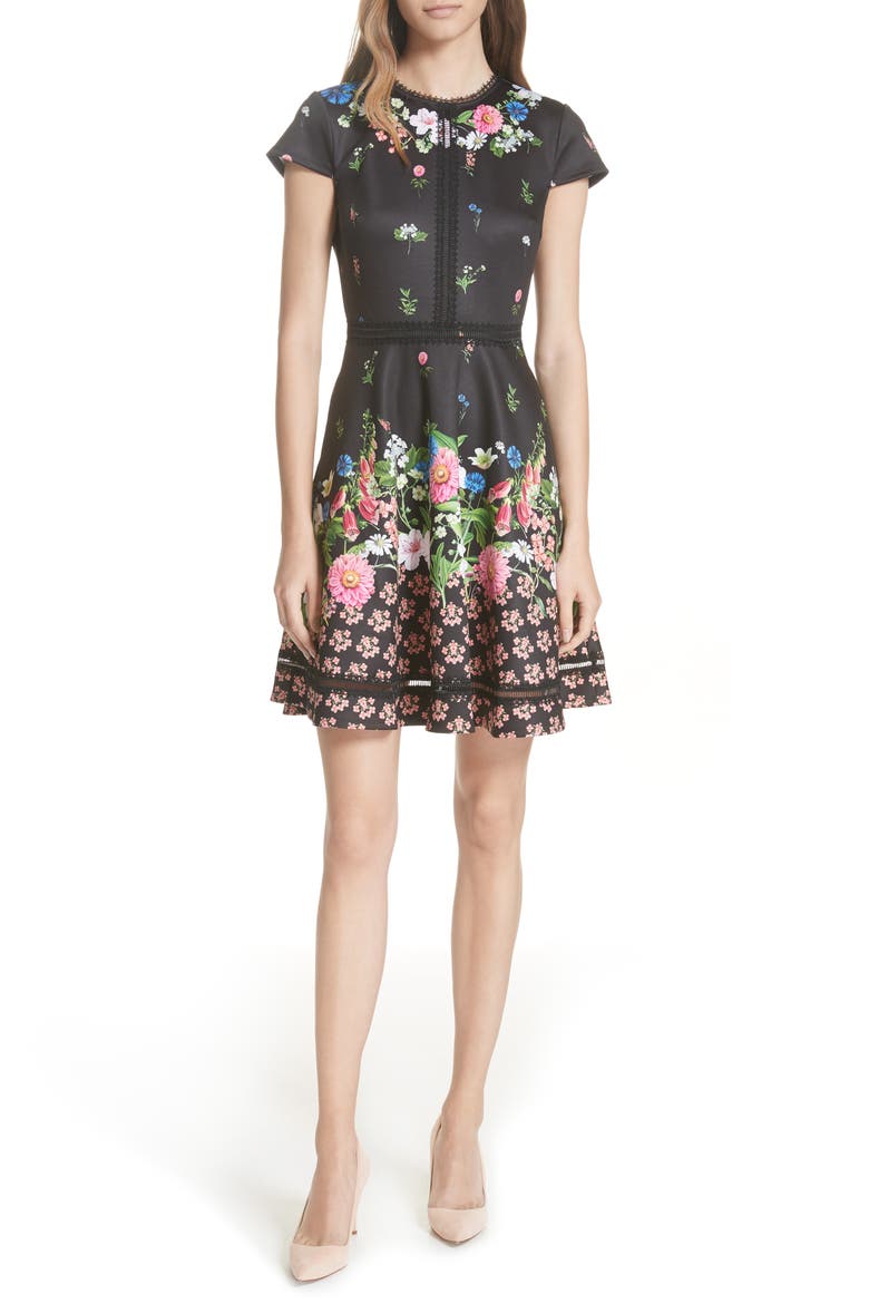 Daissie Florence Trim Skater Dress, Main, color, BLACK