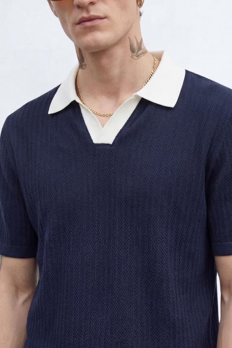 Henry Textured Open Collar Polo Shirt, Alternate, color, Navy
