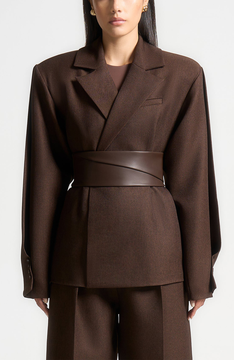 Manière De Voir Marie Twist Sleeve Tailored Blazer with Belt, Alternate, color, Brown