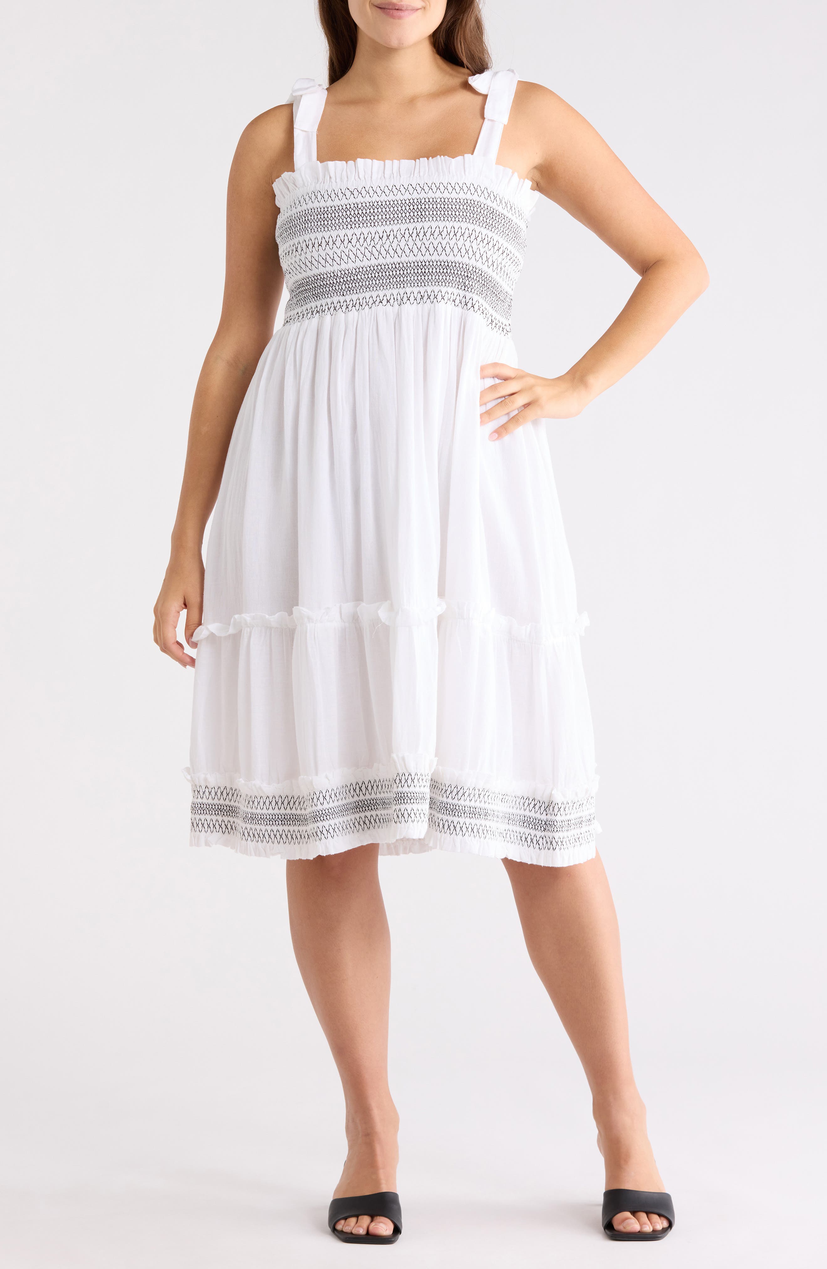 Elie Tahari Smocked Embroidered Cotton Dress