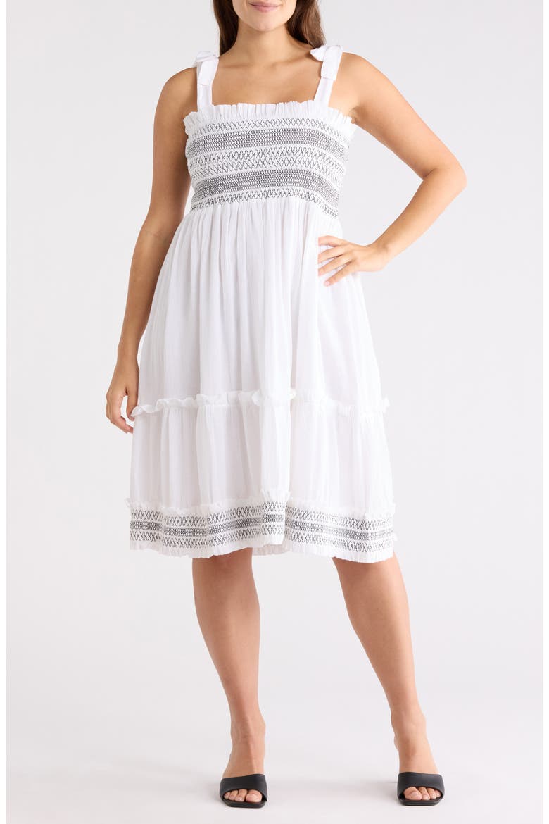 Smocked Embroidered Cotton Dress, Main, color, SKY WHITE/ NOIR