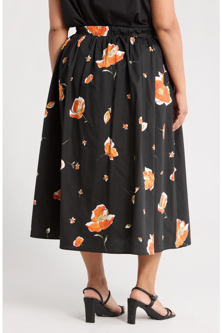 Floral Stretch Cotton Midi Skirt, Alternate, color, BLACK