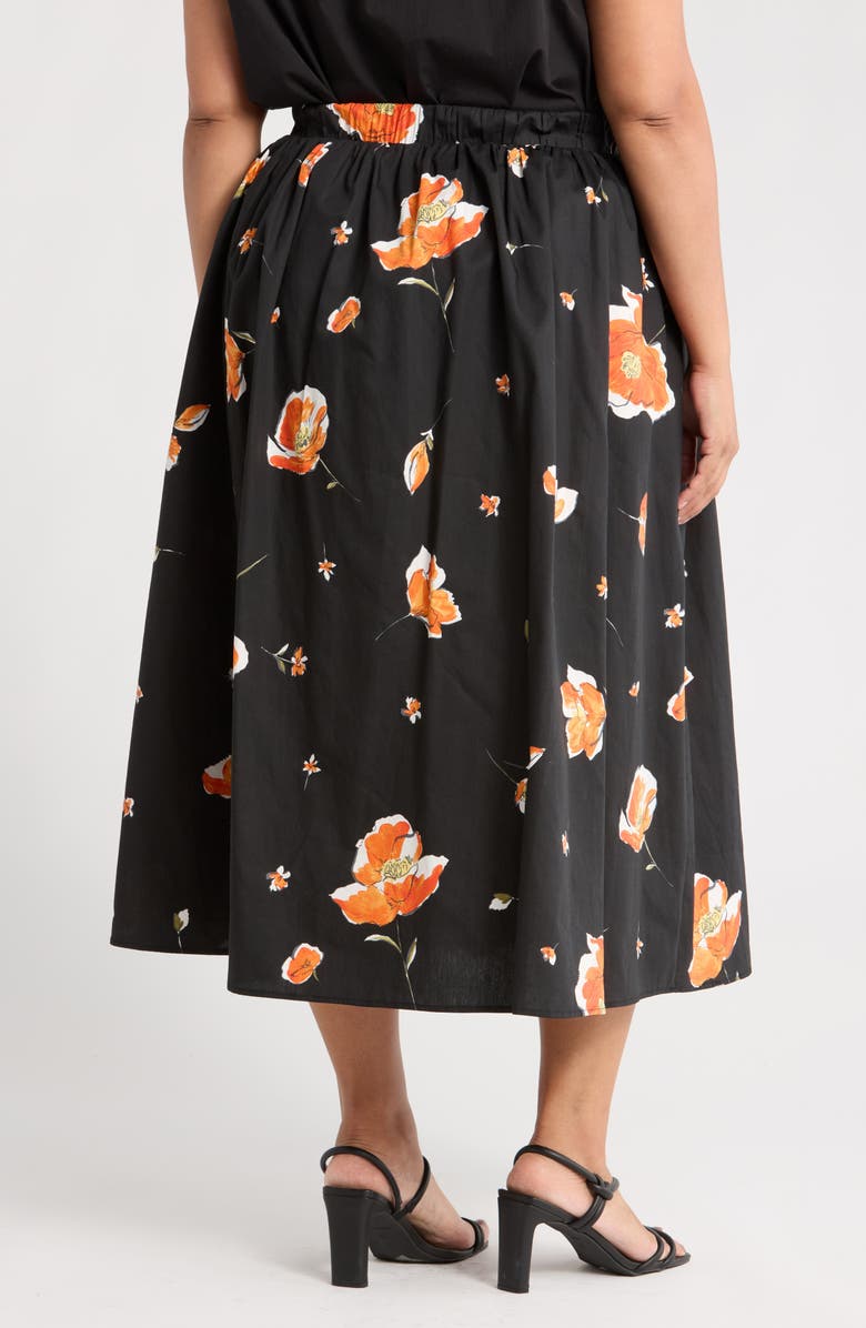 Renee C Floral Stretch Cotton Midi Skirt, Alternate, color, Black