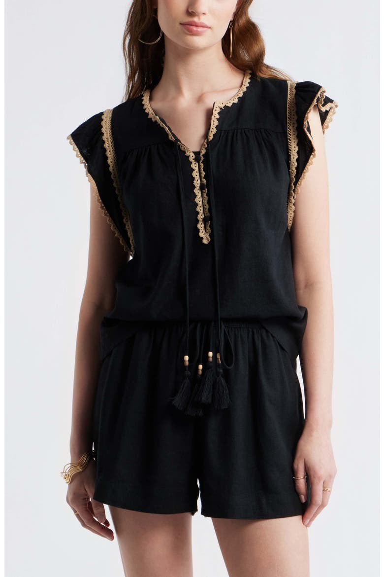 Crochet Trim Linen Blend Top, Main, color, BLACK