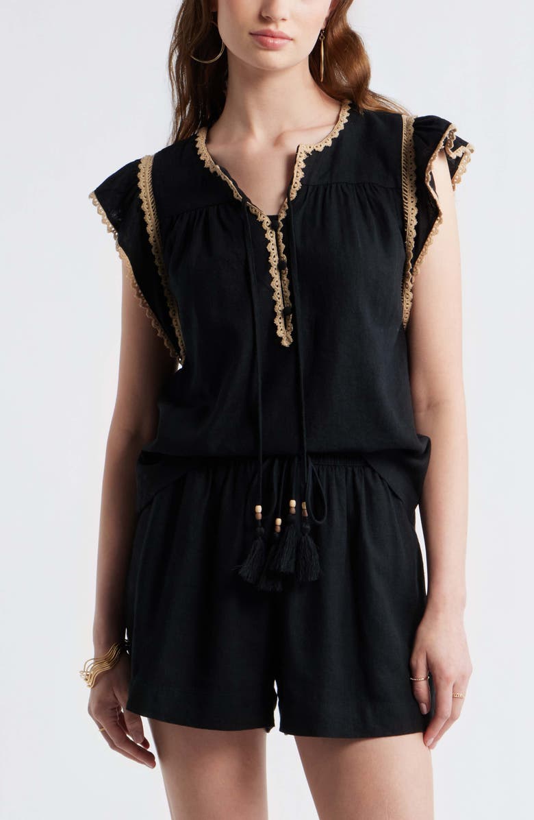 Treasure & Bond Crochet Trim Linen Blend Top, Main, color, Black