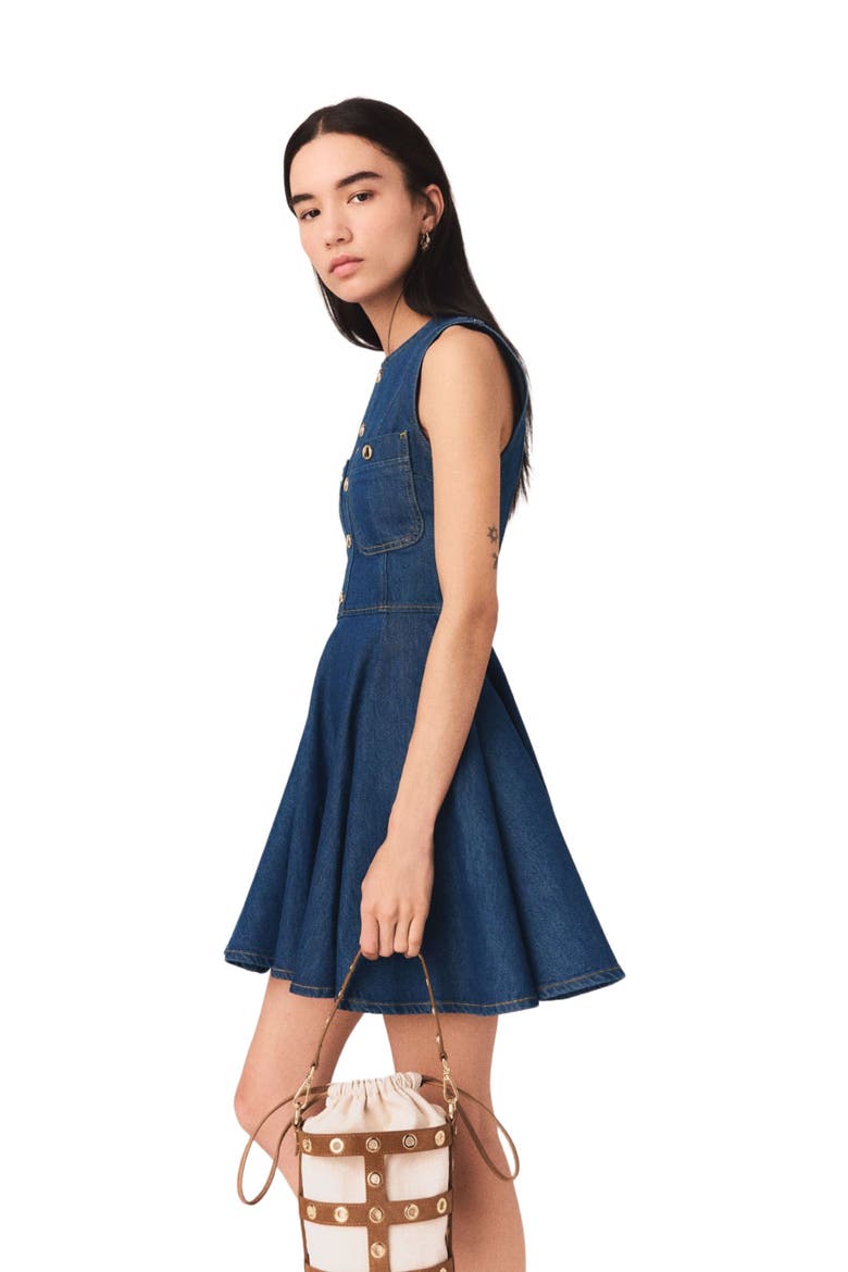 Short flared denim dress, Alternate, color, Navy