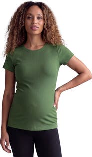24seven Comfort Apparel Maternity Basic Ribbed Knit Round Neck Short Sleeve Top