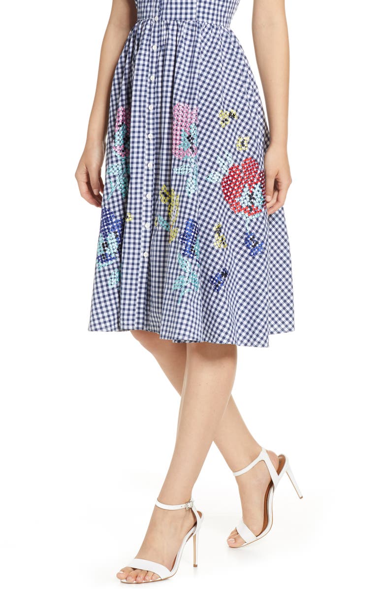 French Connection Embroidered Gingham Fit & Flare Sundress, Alternate, color, 