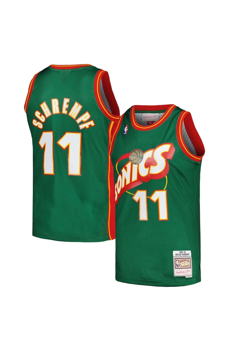 Mitchell & Ness Men's Mitchell & Ness Detlef Schrempf Green Seattle SuperSonics  1995/96 Hardwood Classics Swingman Jersey, Main, color, Green