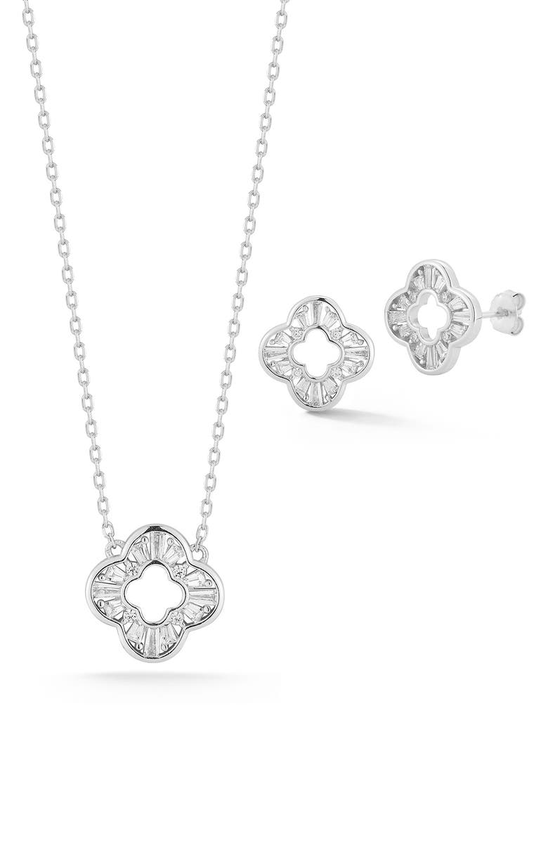 GLAZE JEWELRY Cubic Zirconia Open Clover Pendant Necklace & Stud Earrings Set, Main, color, Silver