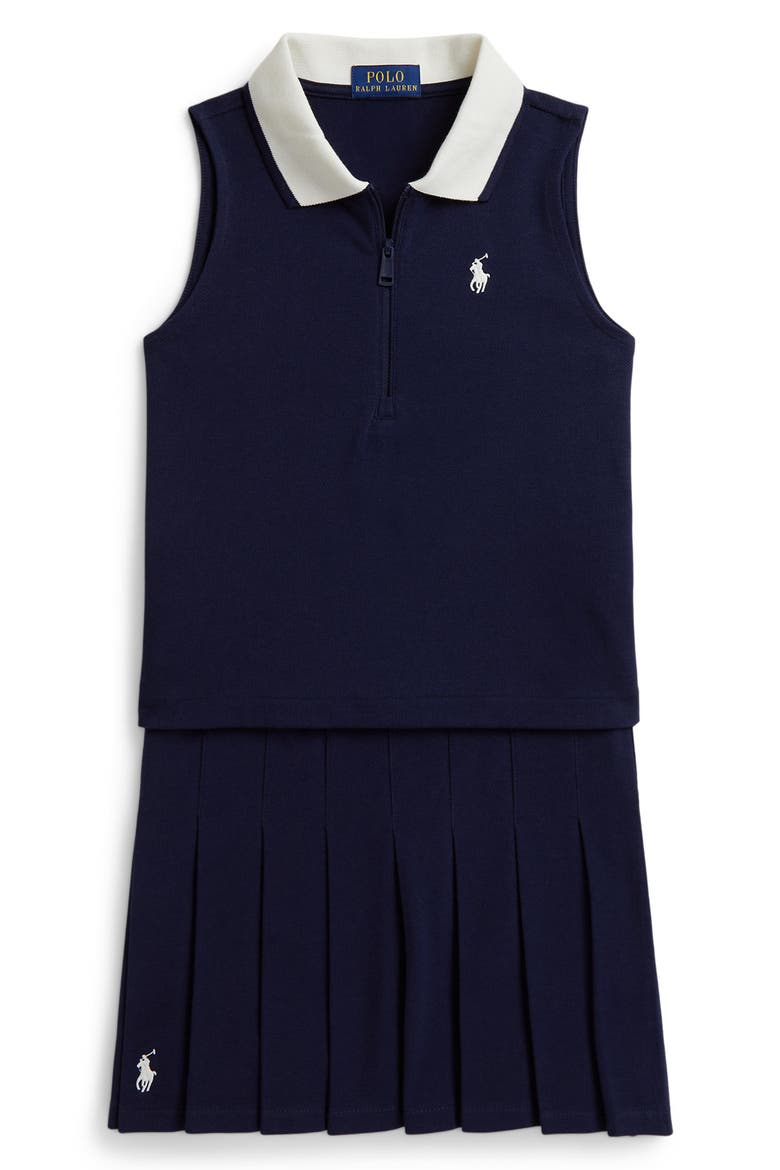 Kids' Stretch Mesh Sleeveless Polo & Skirt Set, Main, color, REFINED NAVY