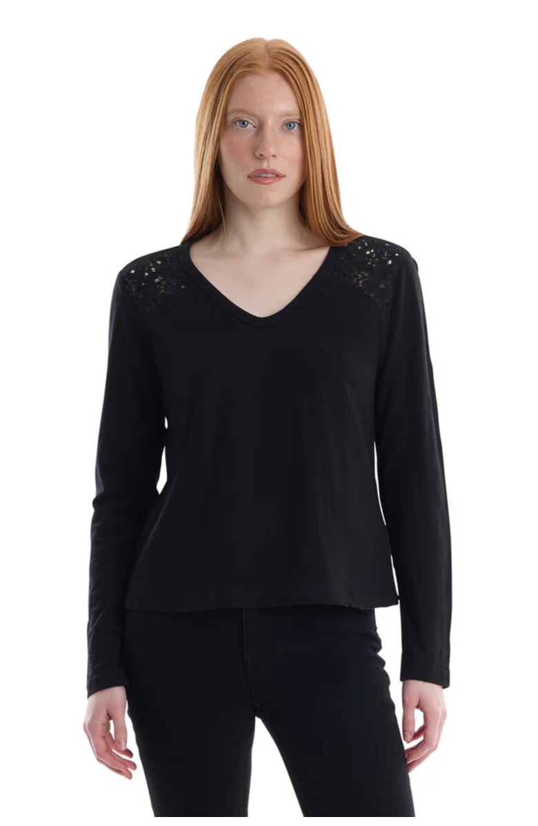 WILT Clothing V-Neck Long Sleeve Mixed Media Tee with Lace Inset, Main, color, Black