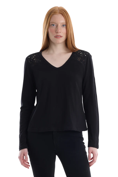 V-Neck Long Sleeve Mixed Media Tee with Lace Inset