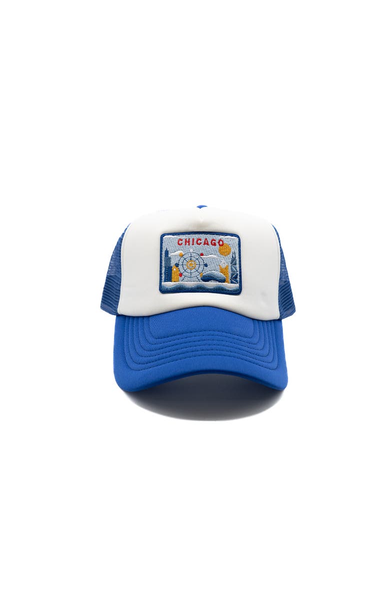 Rey To Z Chicago Postcard Trucker Hat, Main, color, Royal Blue & White