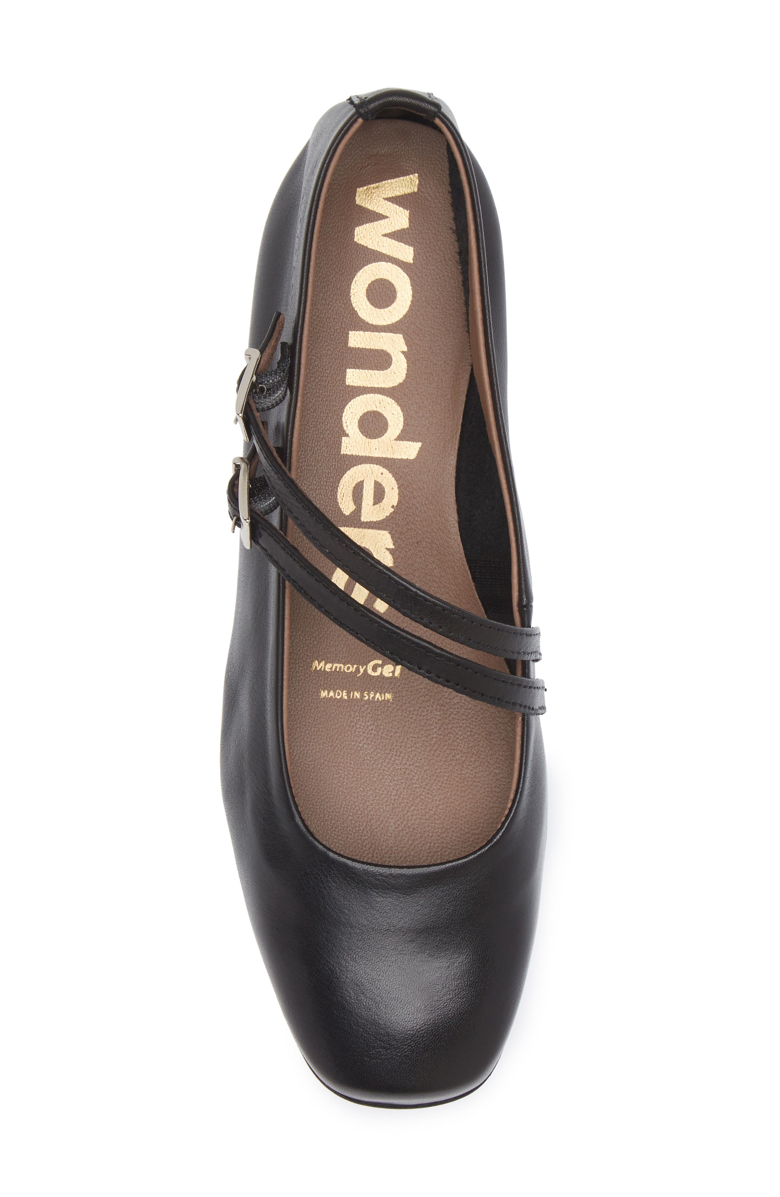 Wonders Asymmetric Double Strap Flat, Alternate, color, Black Leather